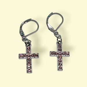 Elegant Pink Crystal Cross Earrings